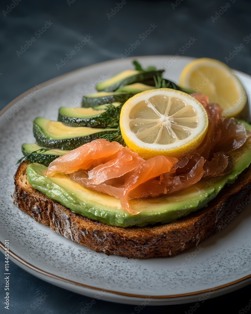 A beautifully plated avocado toast topped with smoked salmon and lemon slices. A beautifully plated avocado toast topped with smoked salmon and lemon slices.