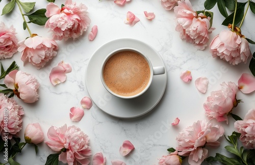 Coffee served in a white cup surrounded by fresh peonies and greenery, creati...