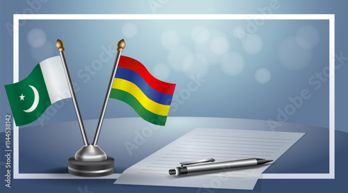 Pakistan and Mauritius National flags on small table with bokeh background, cooperative relationship