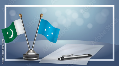 Pakistan and Micronesia National flags on small table with bokeh background, cooperative relationship
