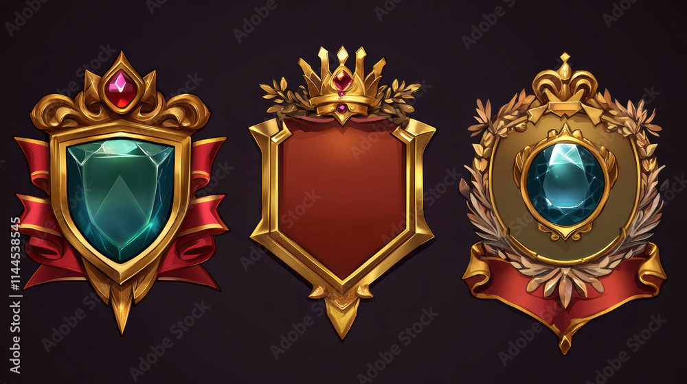 Golden hexagon frames of game avatars. Fantasy ranking badges with golden borders, laurel and ribbon decoration, gems, crown and red pennant, vector cartoon set isolated on background Golden hexagon frames of game avatars. Fantasy ranking badges with golden borders, laurel and ribbon decoration, gems, crown and red pennant, vector cartoon set isolated on background