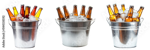 Set of A close-up of several bottles of beer in a silver bucket filled with ice on transparent png background