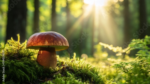 Mushroom growing in a sunlit forest during early morning, surrounded by lush ...
