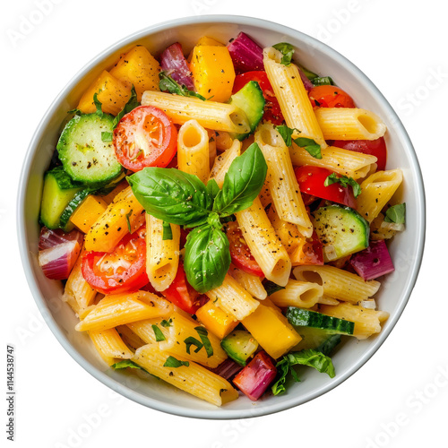 Fresh pasta salad with vegetables stunning indoor food photography