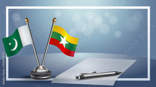 Pakistan and Myanmar National flags on small table with bokeh background, cooperative relationship