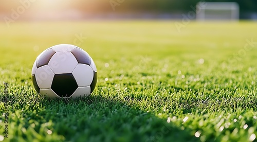Soccer Ball in Focus Resting on Lush Grass Under Bright Sunlight : Generative AI