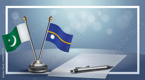 Pakistan and Nauru National flags on small table with bokeh background, cooperative relationship