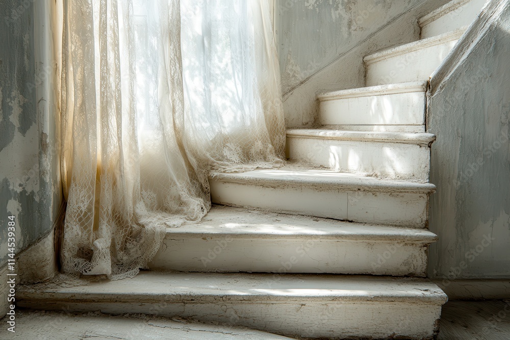 Aged White Staircase with Flowing Curtain
