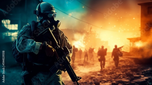 A news reporter in protective gear in a war,generative ai illustration
