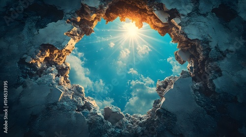 A breakthrough hole in a concrete wall dramatically reveals a bright blue sky with streaming sunbeams, symbolizing hope and freedom through high contrast and volumetric lighting.