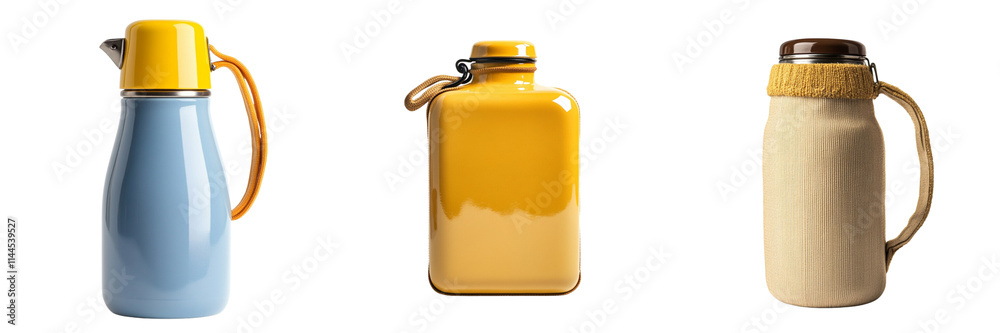 Set of A close-up shot of a 3D icon bottle designed for keeping warm in cold weather on transparent png background