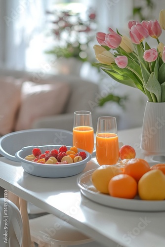 Bright morning brunch featuring fresh fruit and flowers in a cozy dining spac...