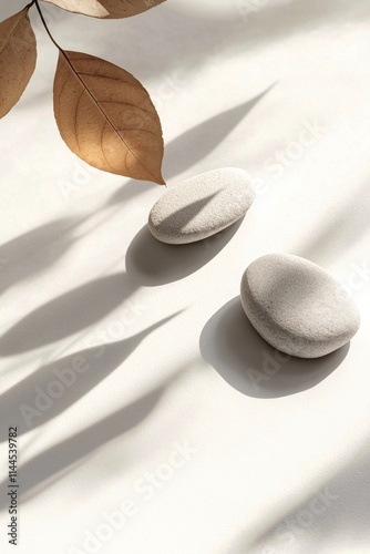 Two smooth white stones casting shadows on a light background with green leav...