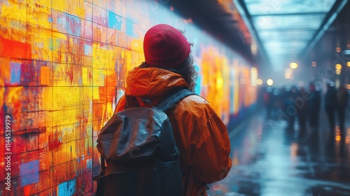 Traveler Admiring Vibrant Urban Wall Art 