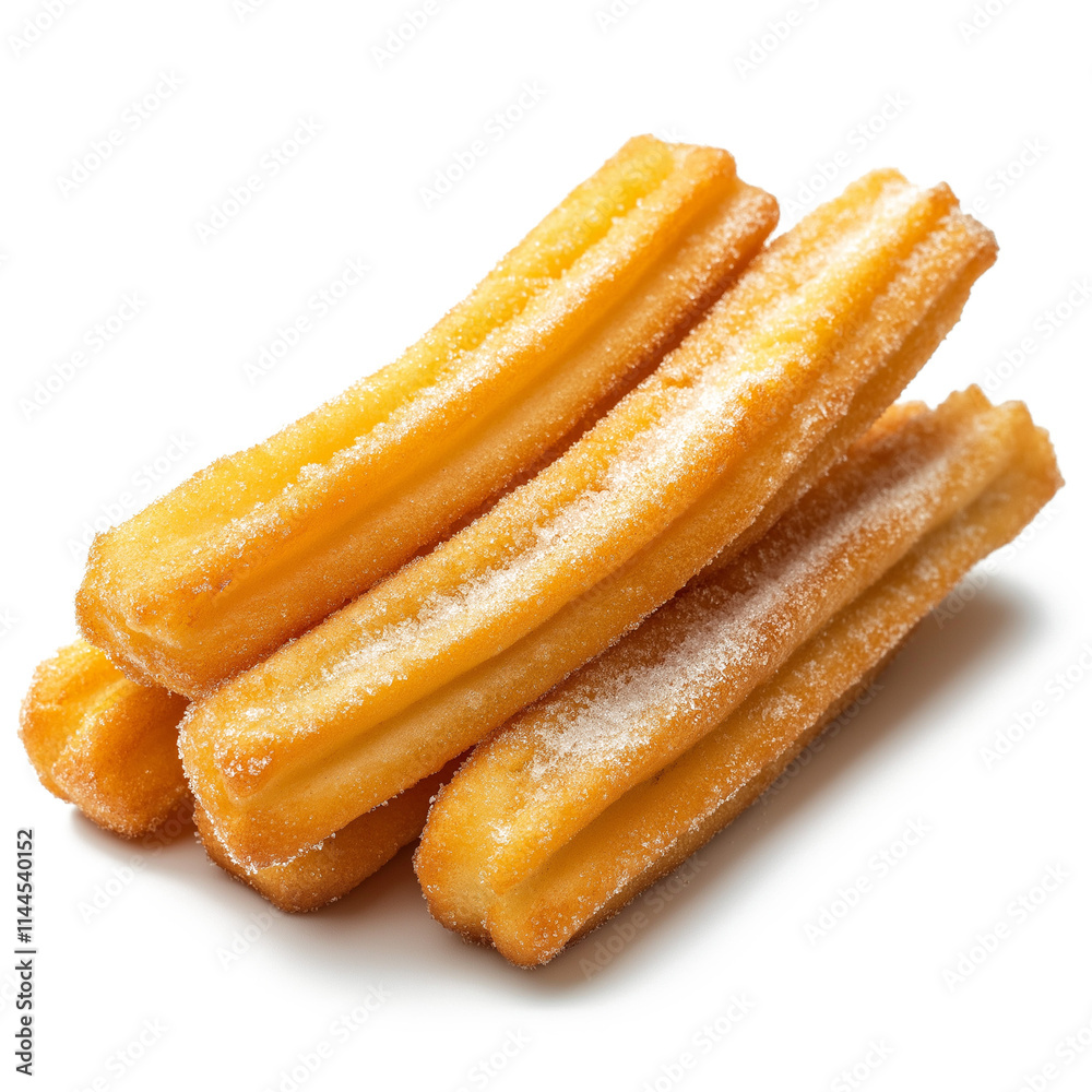 Churros, Golden and Crispy, Isolated on a White Background Churros, Golden and Crispy, Isolated on a White Background
