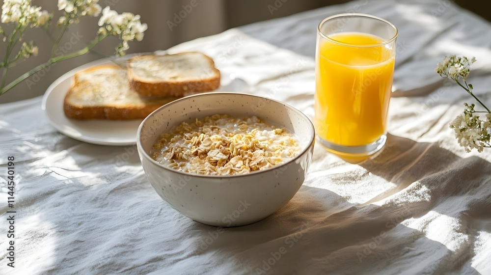 A cozy breakfast scene featuring cereal, toast, and orange juice on a table. A cozy breakfast scene featuring cereal, toast, and orange juice on a table.