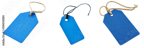 Set of A close-up shot of a blue price tag hanging from a clothing rack in a boutique on transparent png background