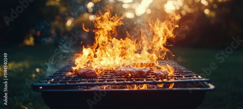 Grilling meat over open flames during a sunset gathering in a backyard create...