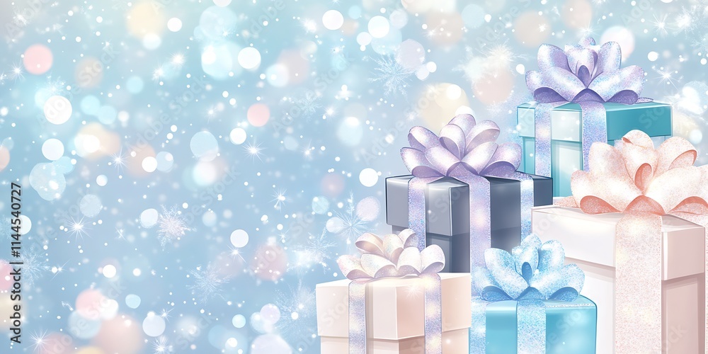 Fototapeta premium Whimsical Tower of Decorative Gift Boxes with Soft Bokeh and Snow Flurries : Generative AI
