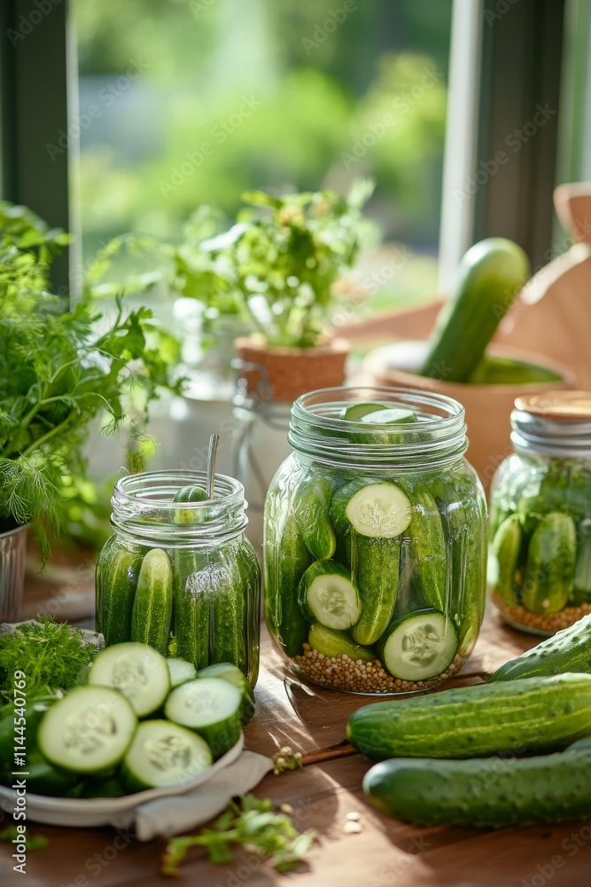 Freshly preserved cucumbers with herbs on a wooden table in a sunlit kitchen, highlighting the art of canning Freshly preserved cucumbers with herbs on a wooden table in a sunlit kitchen, highlighting the art of canning