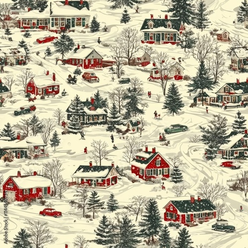 hyper realistic photo of  winter snow scene old christmas vintage semaless pattern Toile De Jouy decor , isolated on white background,  , copy space, copy space for text,