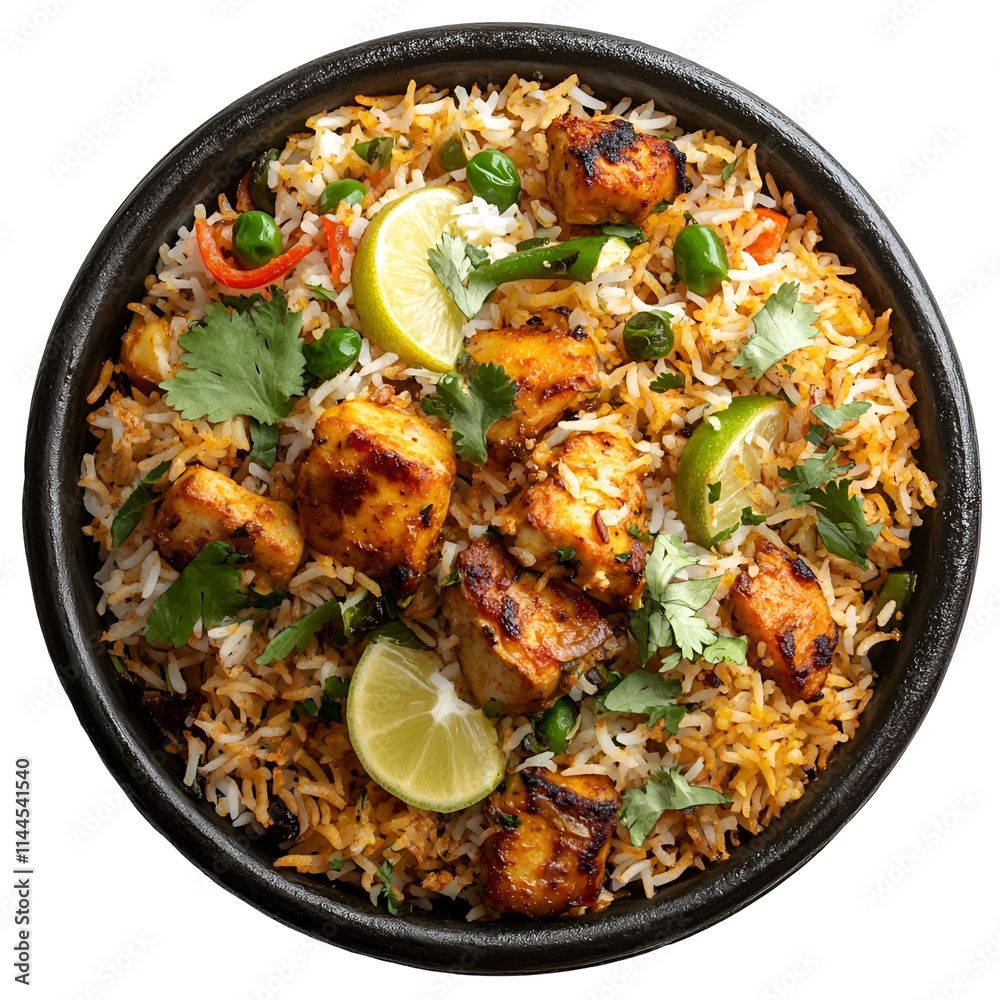 Top view of an extremely perfect looking hyderabadi biryani in a dark clay dish isolated on a white transparent background Top view of an extremely perfect looking hyderabadi biryani in a dark clay dish isolated on a white transparent background