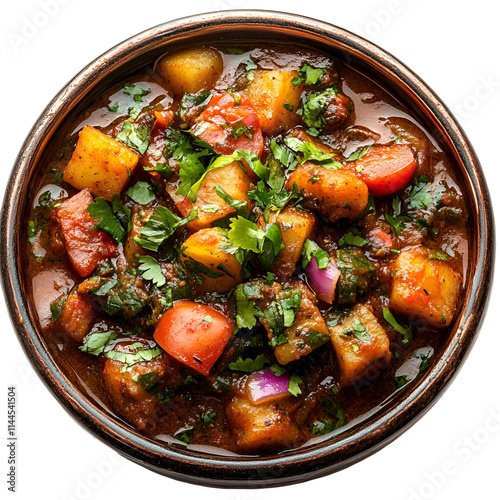 Top view of an extremely perfect looking gojju avalakki in a dark terracotta pot isolated on a white transparent background photo