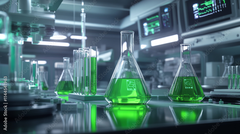 Medical lab banner with flasks isolated on background. Vector realistic illustration of glass bottle, test tube with green liquid substance, research laboratory ad, medicine presentation template Medical lab banner with flasks isolated on background. Vector realistic illustration of glass bottle, test tube with green liquid substance, research laboratory ad, medicine presentation template