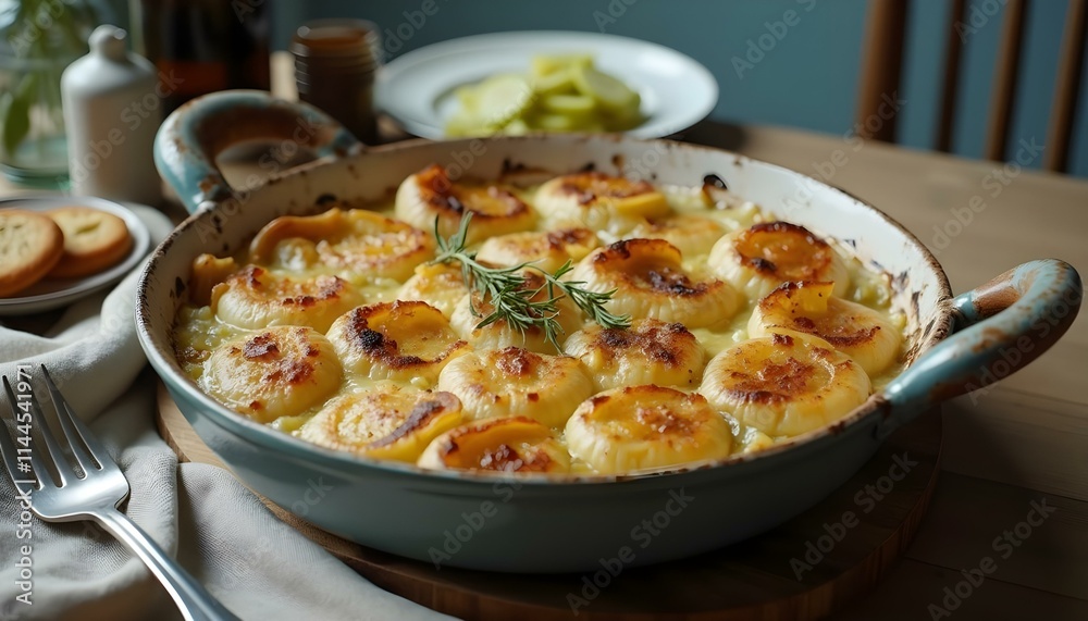 Janssons frestelse casserole with potatoes, onions, cream, and anchovies in a rustic setting Janssons frestelse casserole with potatoes, onions, cream, and anchovies in a rustic setting