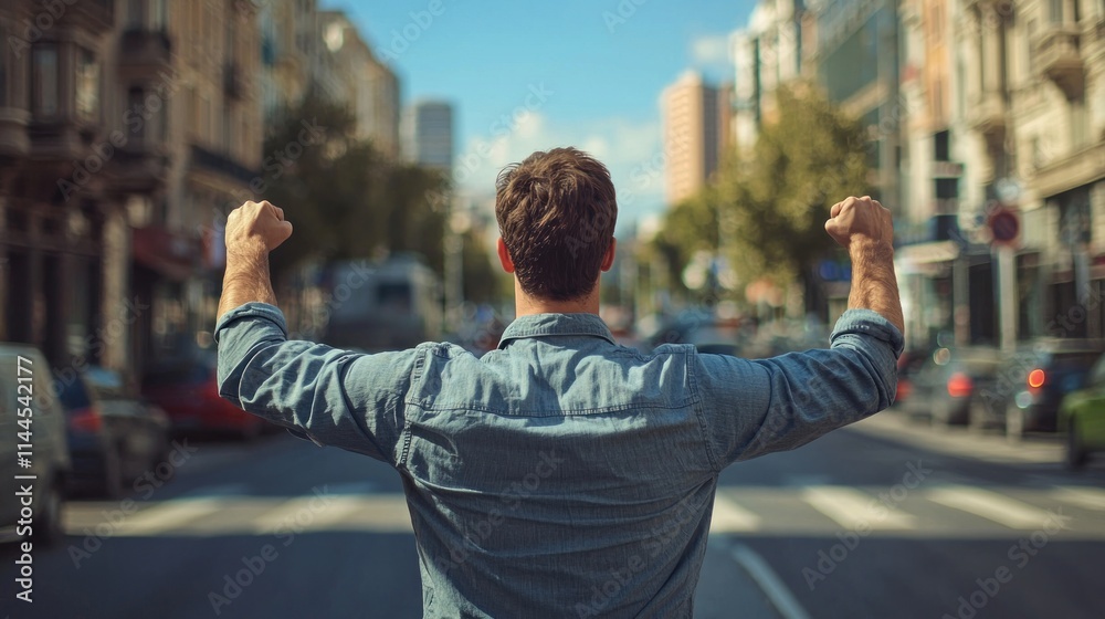 A man standing with his back slightly arched and fists clenched, displaying a defensive pose on a city street A man standing with his back slightly arched and fists clenched, displaying a defensive pose on a city street