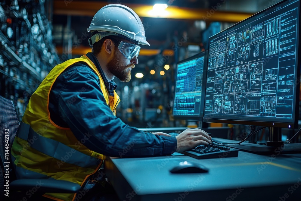 Fototapeta premium Engineer Using Computer Monitors in Industrial Control Room for Operations Management