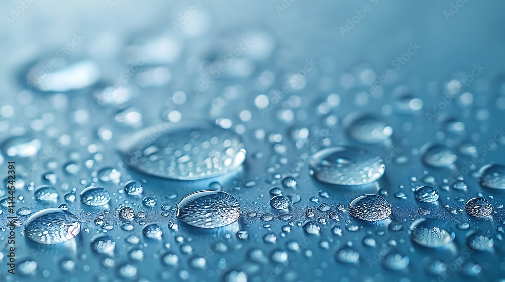 Polished surface covered with clear water droplets magnified against light blue backdrop Polished surface covered with clear water droplets magnified against light blue backdrop