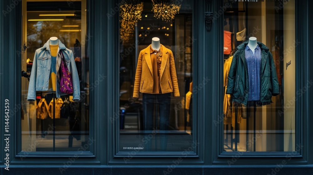 Fototapeta premium Stylish autumn/winter clothing displayed in a boutique storefront window.