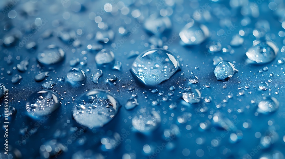 Macro capture of scattered water droplets showcasing their details over sleek surface with blue gradient Macro capture of scattered water droplets showcasing their details over sleek surface with blue gradient