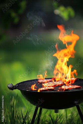 Outdoor grill with vibrant flames in a backyard setting during a sunny day