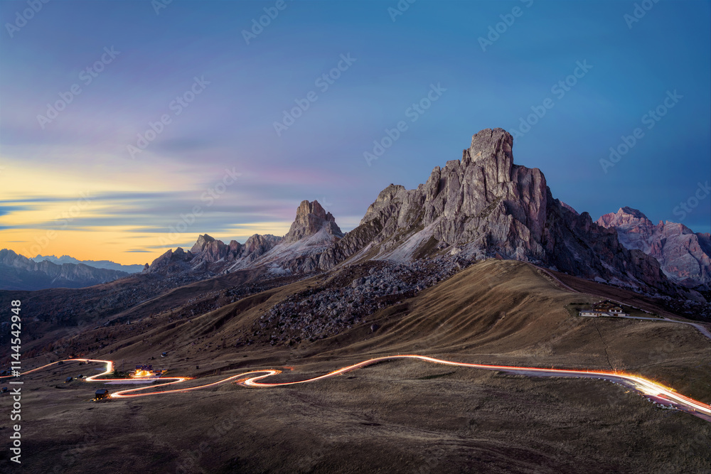Passo Giau in Italian Dolomites during Sunset