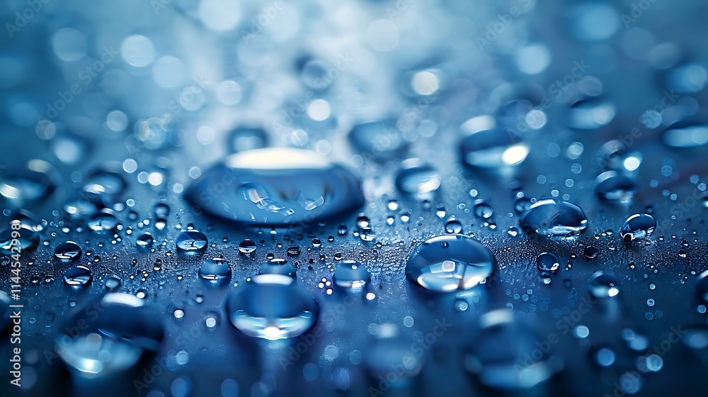 Minimalist macro image of water droplets with sharp clarity on smooth surface illuminated by soft blue Minimalist macro image of water droplets with sharp clarity on smooth surface illuminated by soft blue
