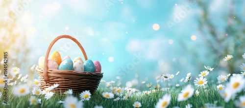 Colorful Easter eggs in a woven basket on a sunny day surrounded by blooming ...