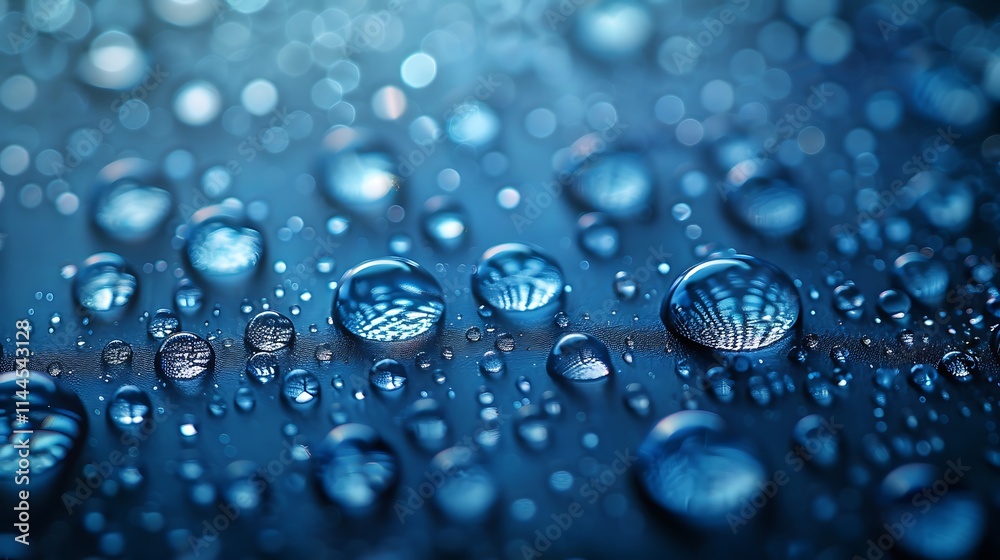 Captivating water droplets magnified on polished texture with smooth soft blue gradient behind Captivating water droplets magnified on polished texture with smooth soft blue gradient behind
