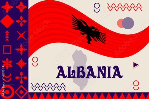 Albania banner with cultural design. Independence day design for Albania celebration. Modern neo geometric retro design with flag, map and abstract icons. White and red. Vector Illustration