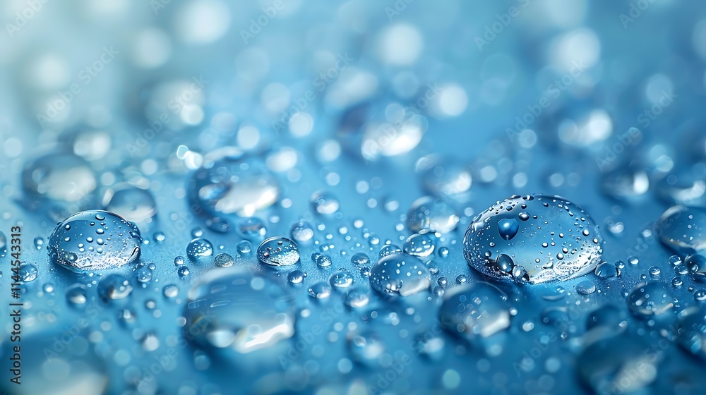 Smooth surface with radiant water droplets in precise macro view glowing against light blue background Smooth surface with radiant water droplets in precise macro view glowing against light blue background