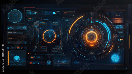 high-contrast interface with glowing holographic elements