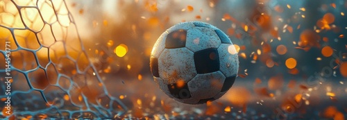 Soccer ball striking the net during a bright match under the evening sun with...