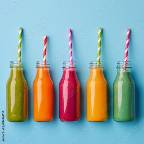 Refreshing smoothie drinks in glass bottles with colorful layers and striped ...
