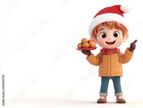 A cheerful 3D cartoon boy wearing a Santa hat, orange winter coat, and a red scarf, holding a plate of festive treats. He is smiling and pointing upward, embodying the joy and warmth of the holiday se