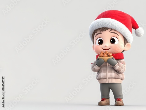 A cheerful 3D cartoon boy wearing a Santa hat, orange winter coat, and a red scarf, holding a plate of festive treats. He is smiling and pointing upward, embodying the joy and warmth of the holiday se