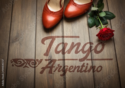 Elegant tango shoes and a rose on a wooden floor, celebrating Argentine culture photo