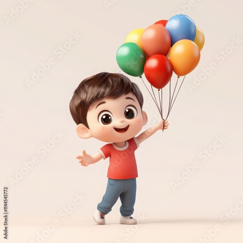 A cute 3D cartoon boy holding a bunch of colorful balloons, wearing a red shirt and jeans, smiling happily. The scene is bright and cheerful, perfect for celebrating joy, happiness, and childhood.