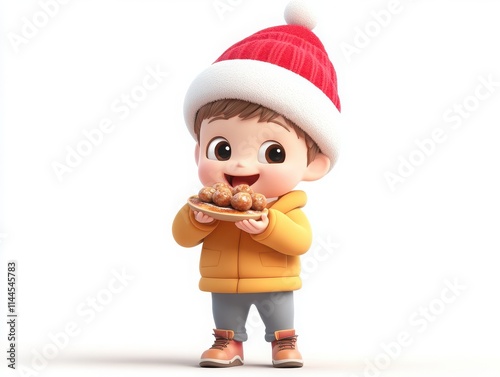 A cheerful 3D cartoon boy wearing a Santa hat, orange winter coat, and a red scarf, holding a plate of festive treats. He is smiling and pointing upward, embodying the joy and warmth of the holiday se