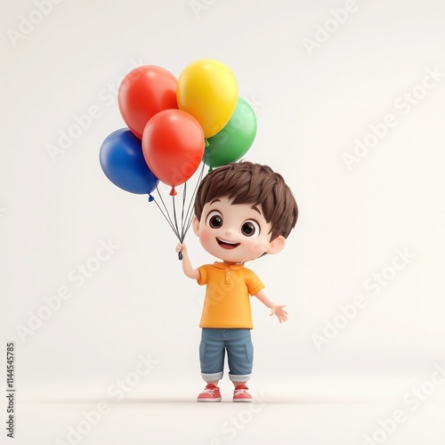 A cute 3D cartoon boy holding a bunch of colorful balloons, wearing a red shirt and jeans, smiling happily. The scene is bright and cheerful, perfect for celebrating joy, happiness, and childhood.